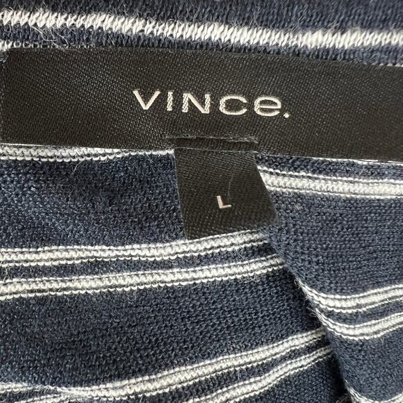 VINCE Navy White Top Linen Striped Henley Neck Short Sleeve Classic Size Large L - Picture 8 of 11